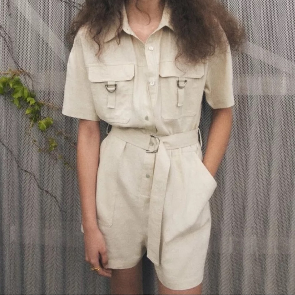 ZARA BELTED LINEN BLEND SHORT JUMPSUIT